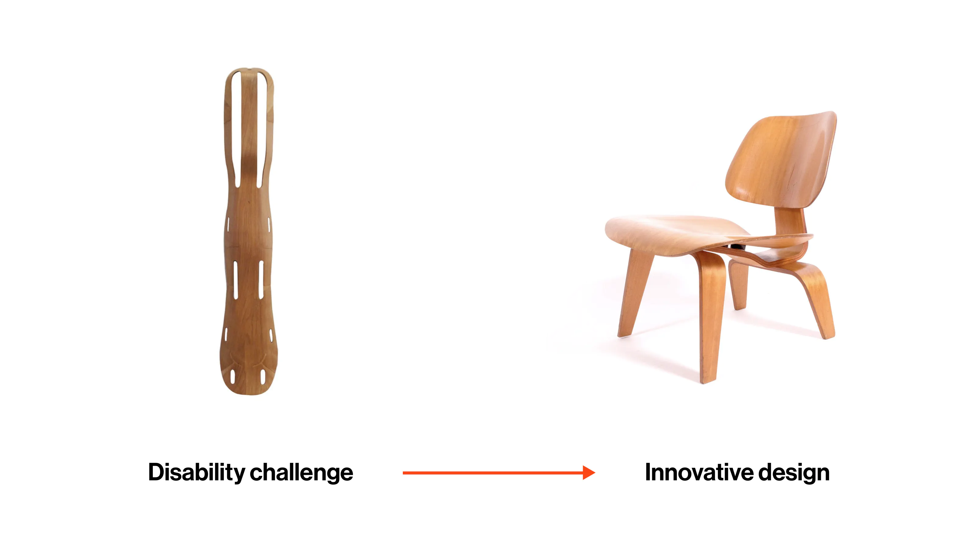 Eames' splint design on the left and the famous chair that uses the same technology on the right.