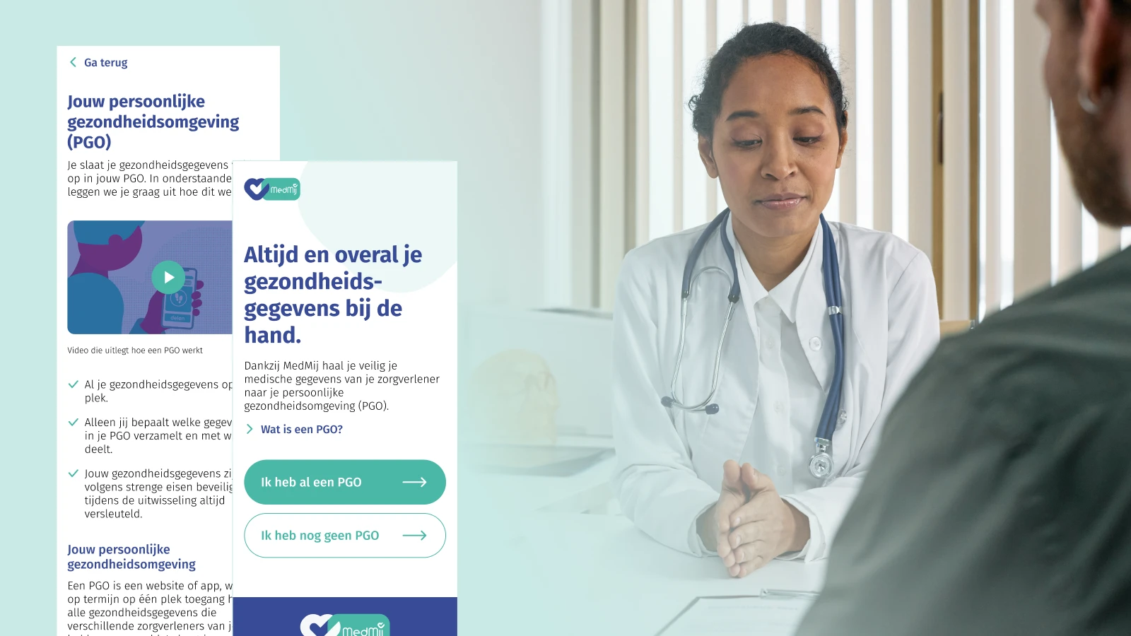 Showing two screens of the product, one with an explanation of a pgo and the other with a popup message saying you will go to your pgo.
