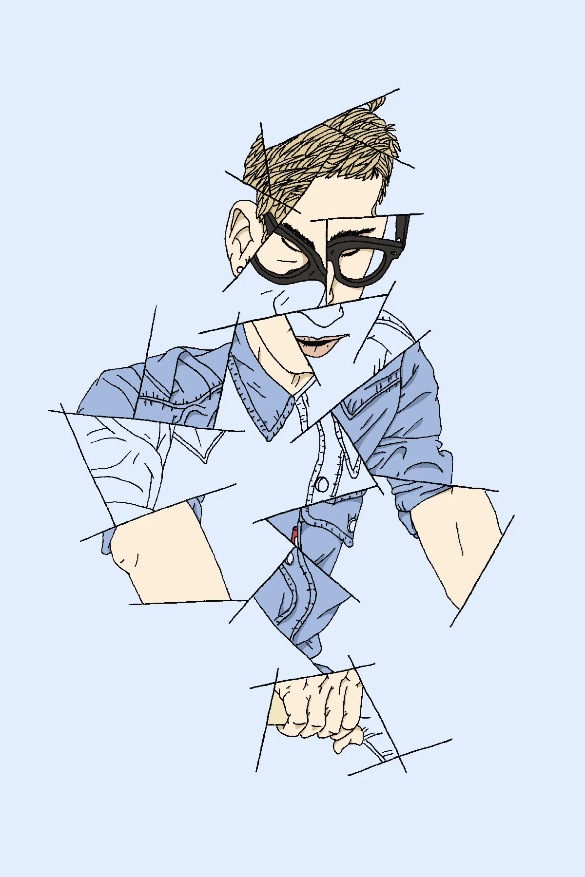 Illustration of my younger self on a bike, style influenced by kubism.