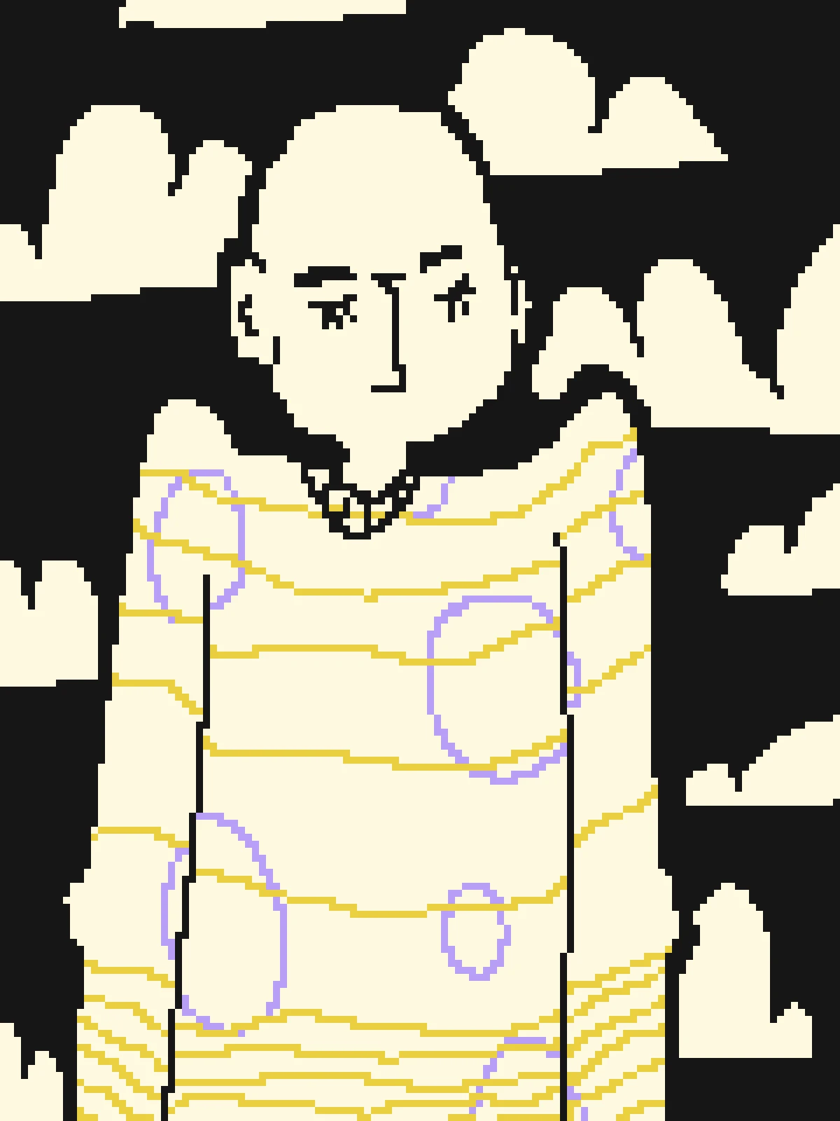 Pixel art of someone in a striped sweater between clouds