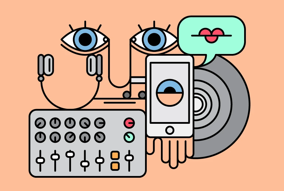 Illustration of DJ gear with a face and a speach bubble.