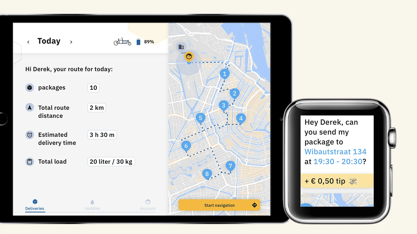 Two more screens on a tablet and smartwatch. One of the delivery route and the other of a delivery request plus tip.