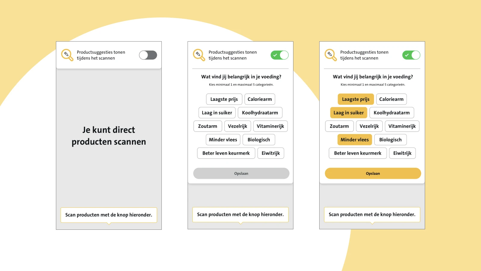 Three screens with the first interactions: selecting the filters.
