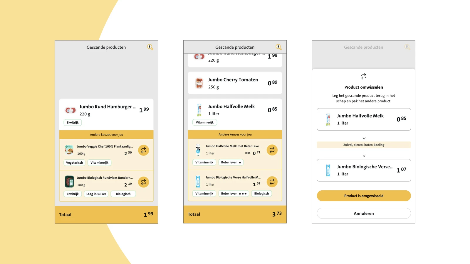 Three screens showing the interaction of switching out a product.