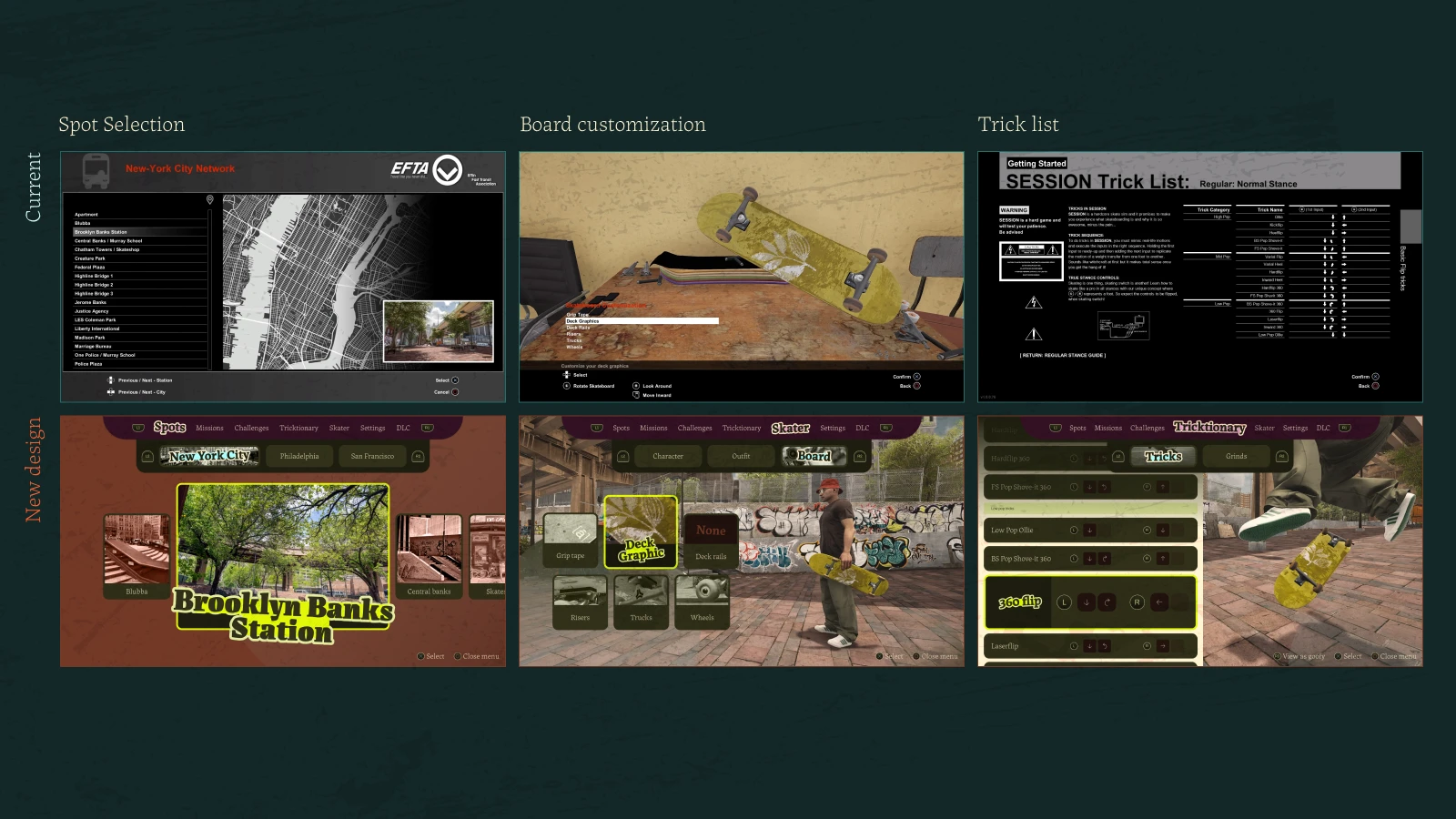 An overview of the current screens from the game and the screens I designed below it to show the difference.