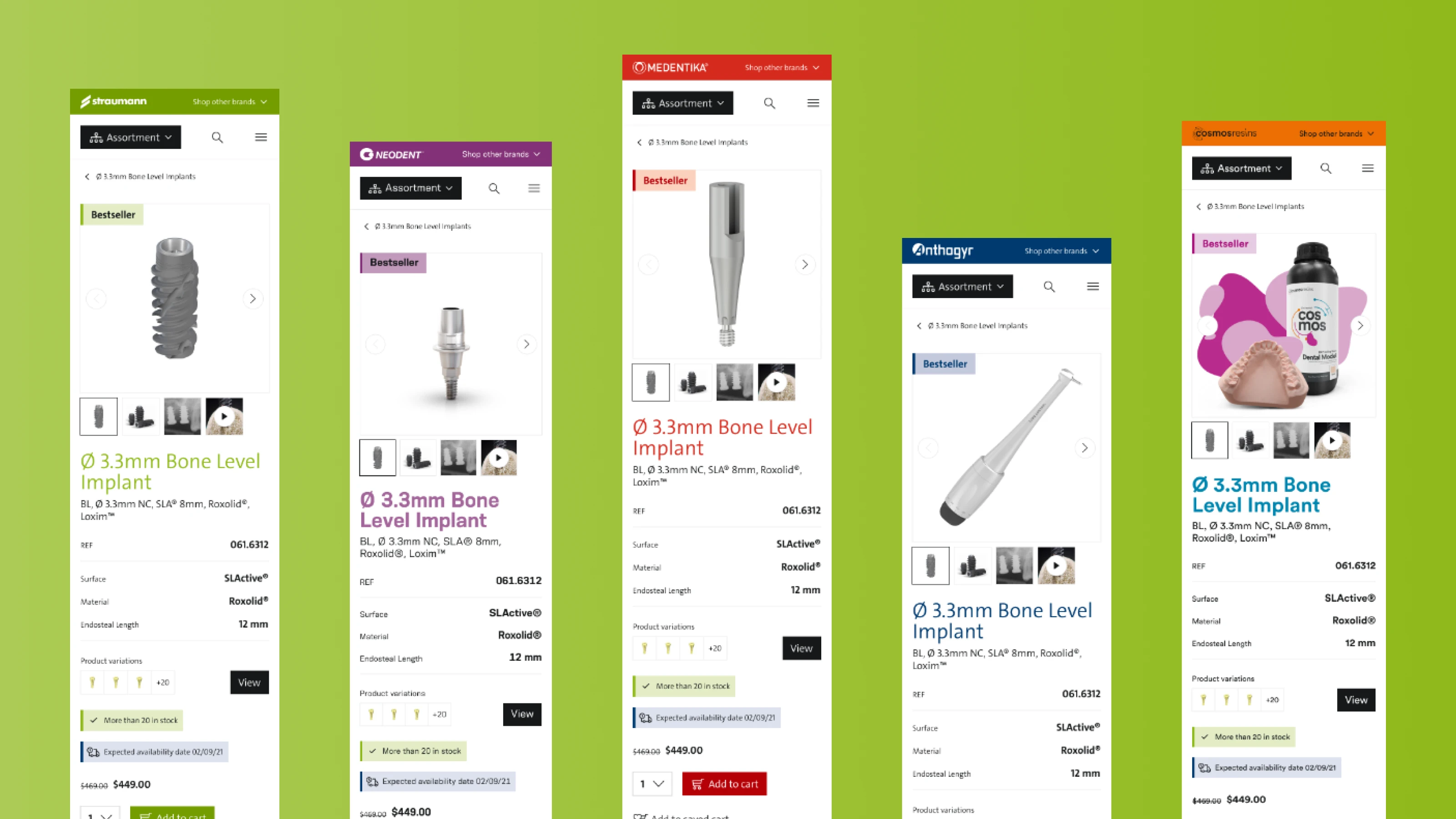 Five mobile designs showing how a product page looks with different brands.