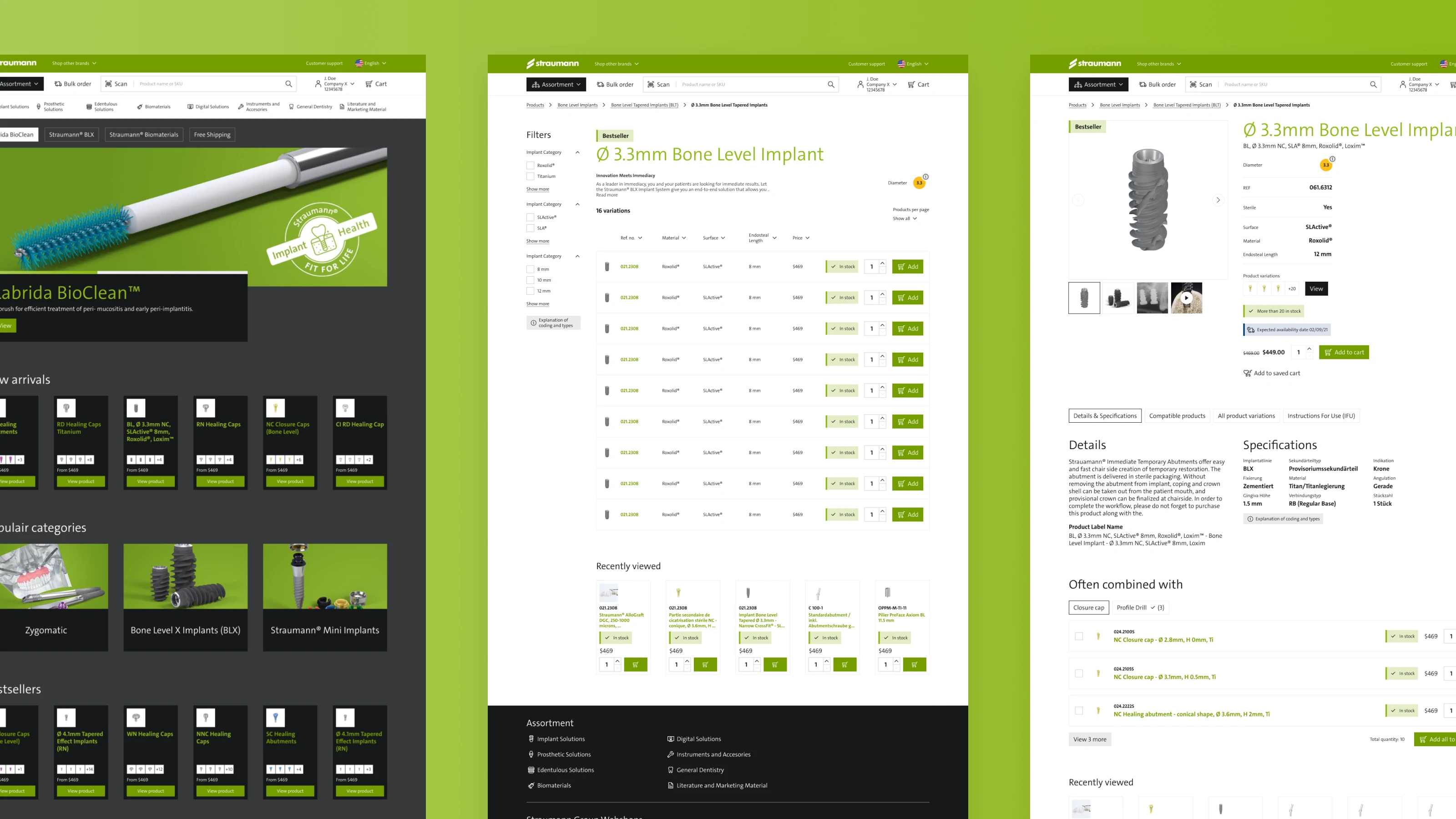 Three pages: homepage, base product page and product detail page.