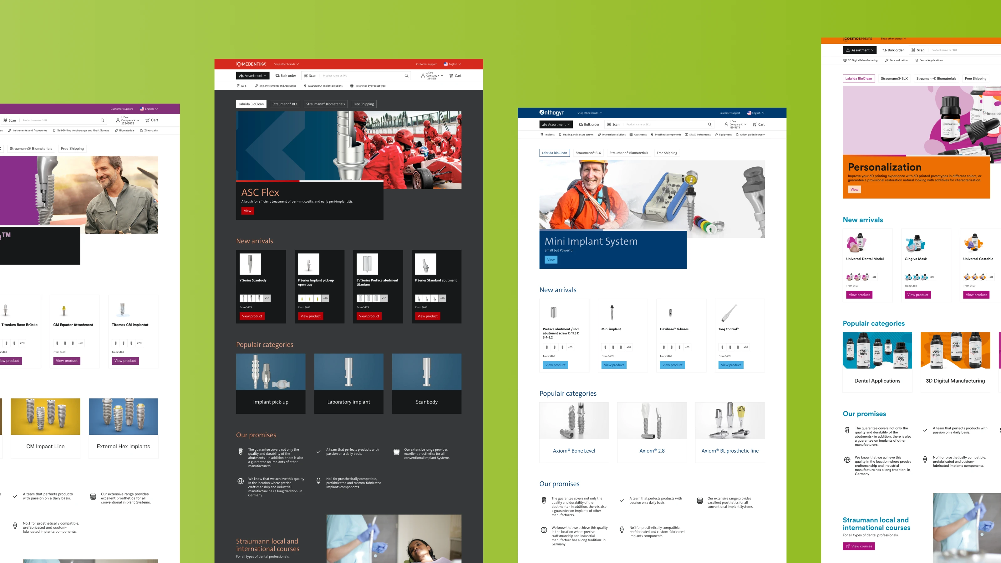 Four pages showing how the homepage looks with different brands.