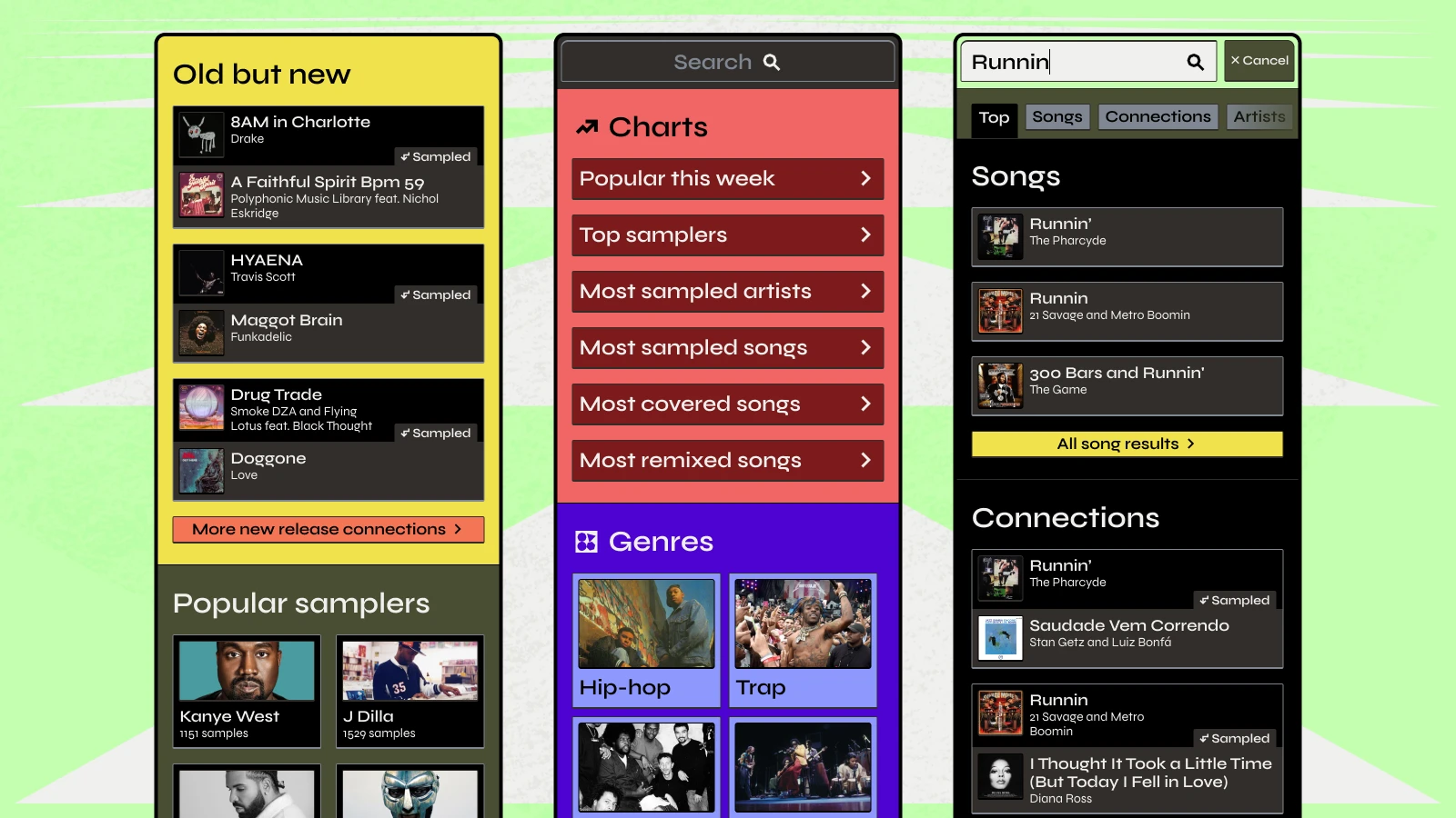 The Explore, Search and Searching screens of the app.