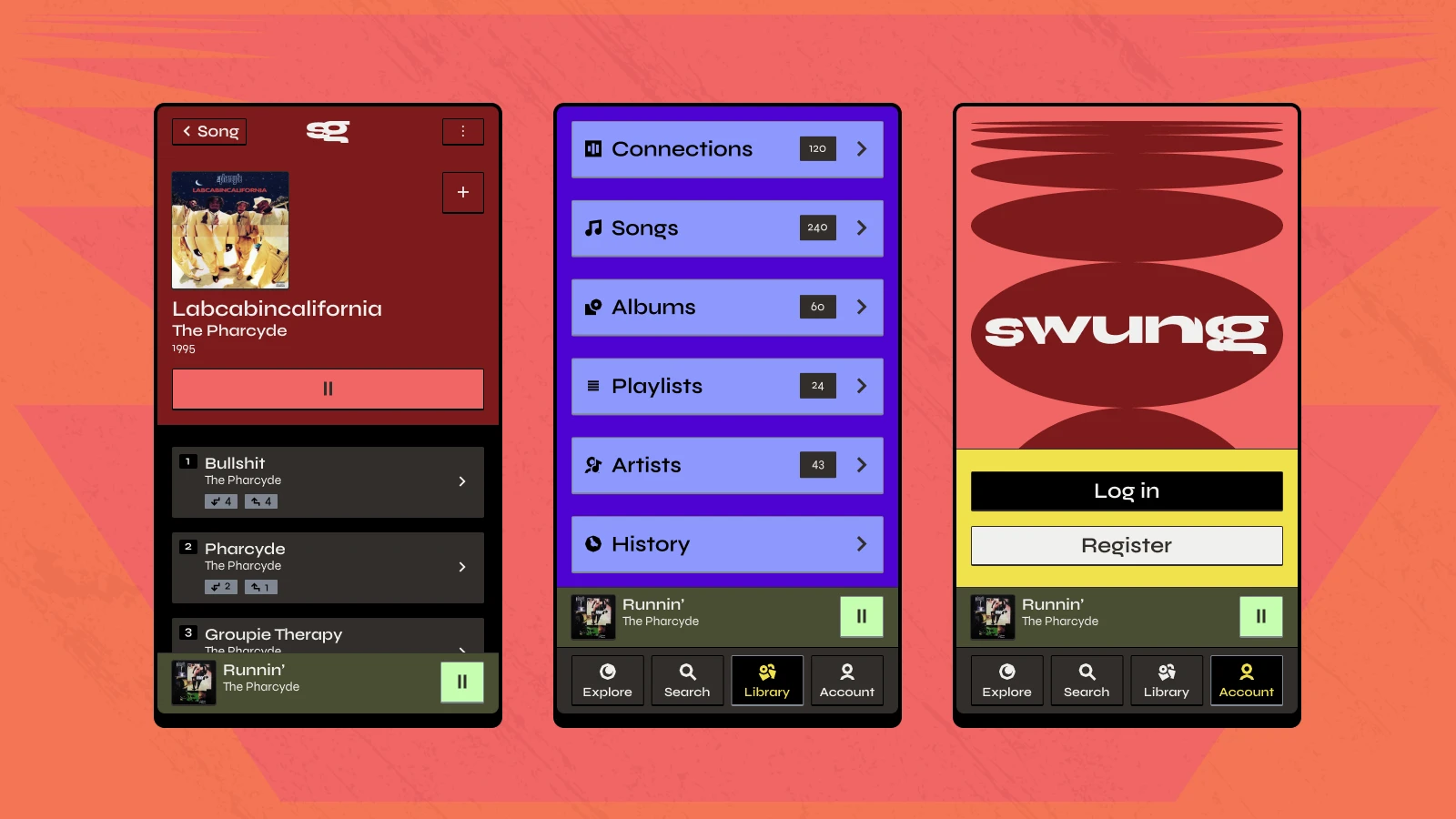 The Album, Library, and Account screens of the app.