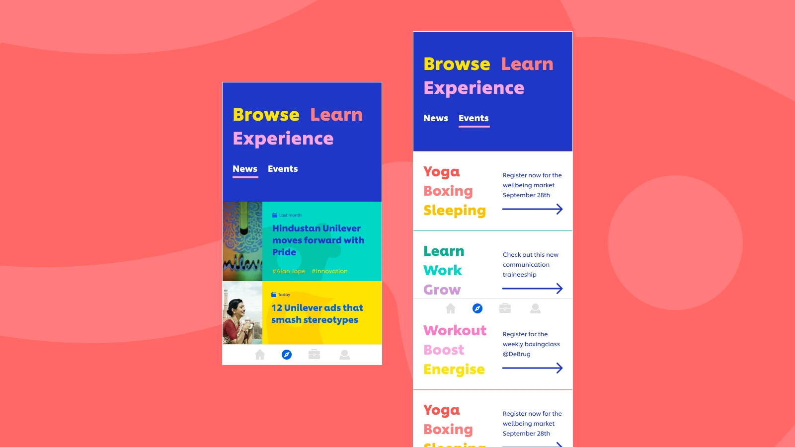 Two screen of the app. One with events and the other with news.