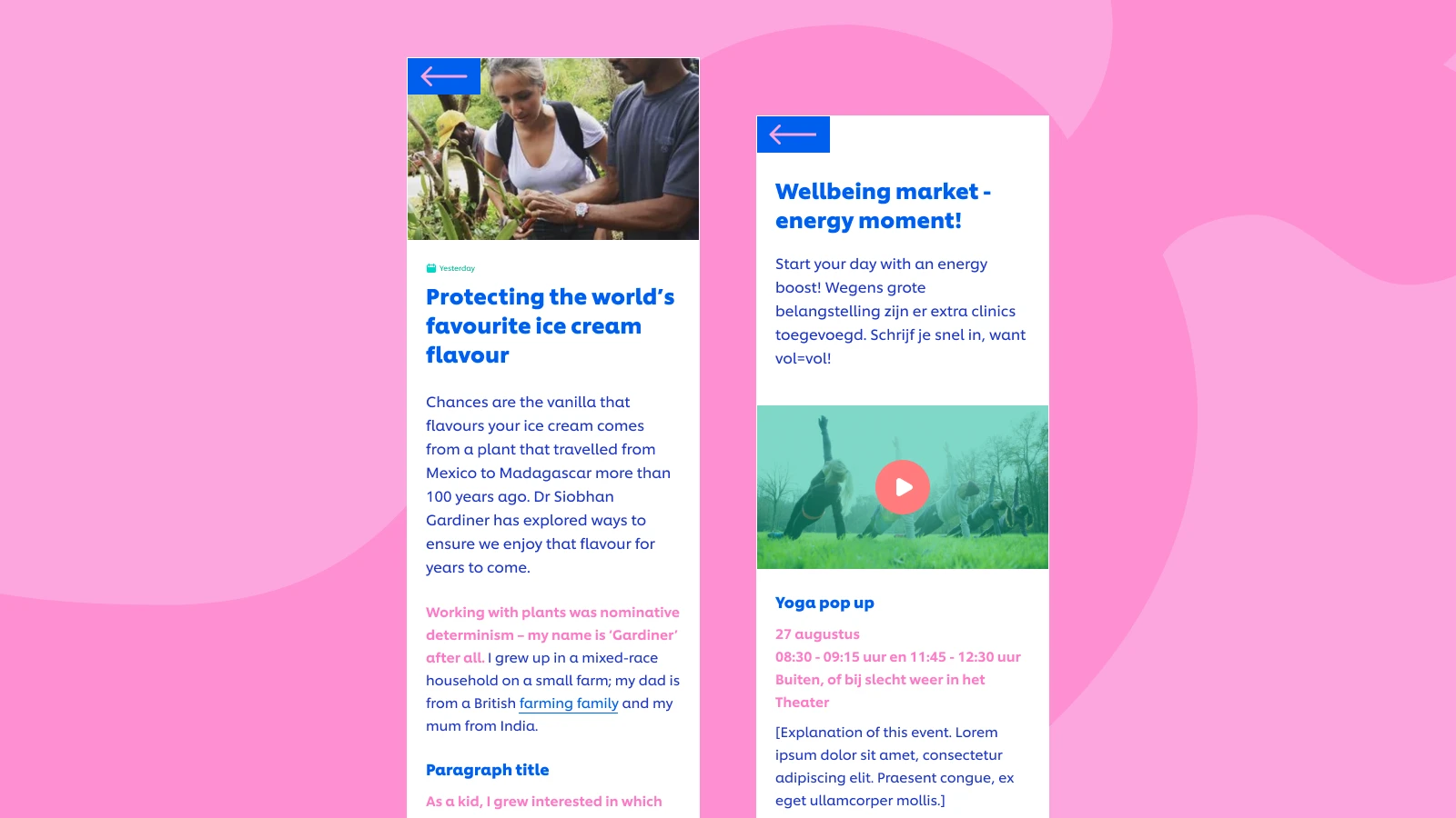 Another two screens of the app. One with a news article and the other with an event detail page.